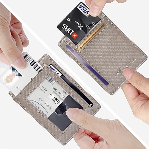 Miniatura 4 de Travelambo Cartera delgada de cuero minimalista con bolsillo frontal RFID con textura de fibra de carbono, Azul