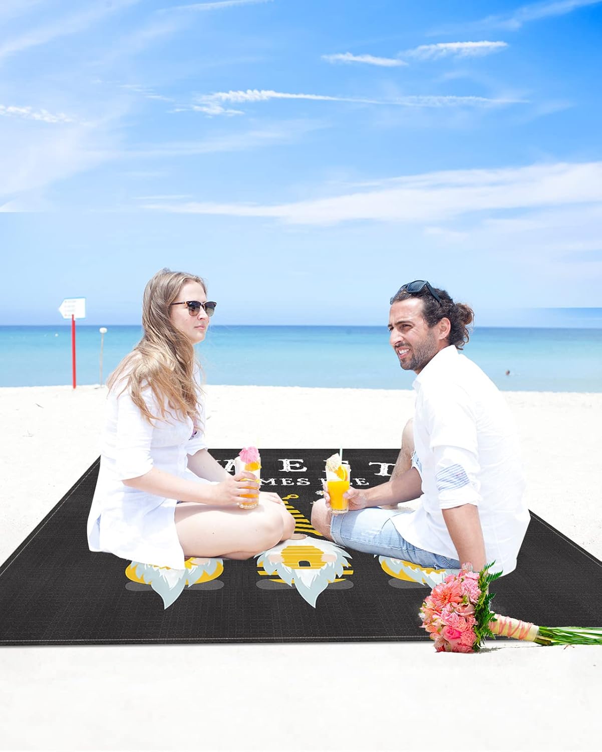 Daisy Flower and Bee with Gnomes Beach Blanket Waterproof Sandproof Outdoor Picnic Mat 118"x108" Yellow and Black Lightweight Large Beaach Blankets with 4 Stake & 4 Corner Pockets