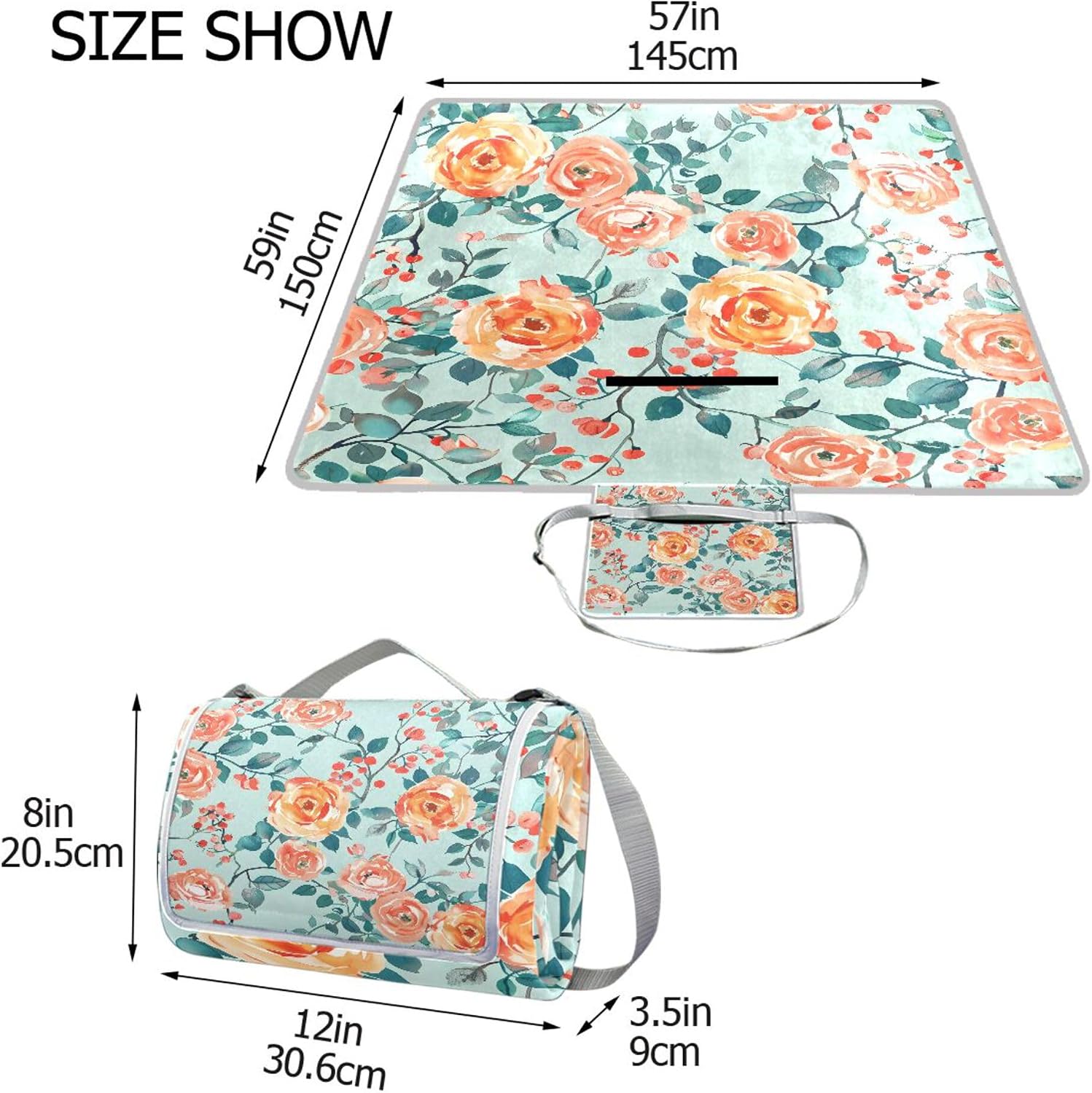 MNSRUU Picnic Blanket Waterproof Foldable, Rose Large Outdoor Picnic Blanket Beach Blankets Camping Blanket Travel Mat, Shoulder Strap Tote, Rectangle 57x59in