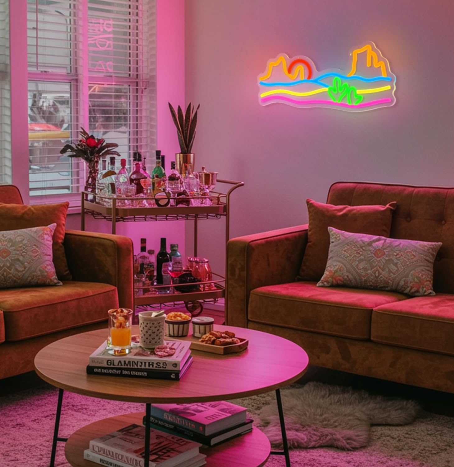 Mountain and Sunset Neon Sign,﻿Neon Signs for Wall Decor,Sunset Lamp for Bedroom,Cactus Scenery Led Sign,Sunset Neon Lights for Bedroom,Living Room,Wall Decor,USB Powered with Dimmable Switch