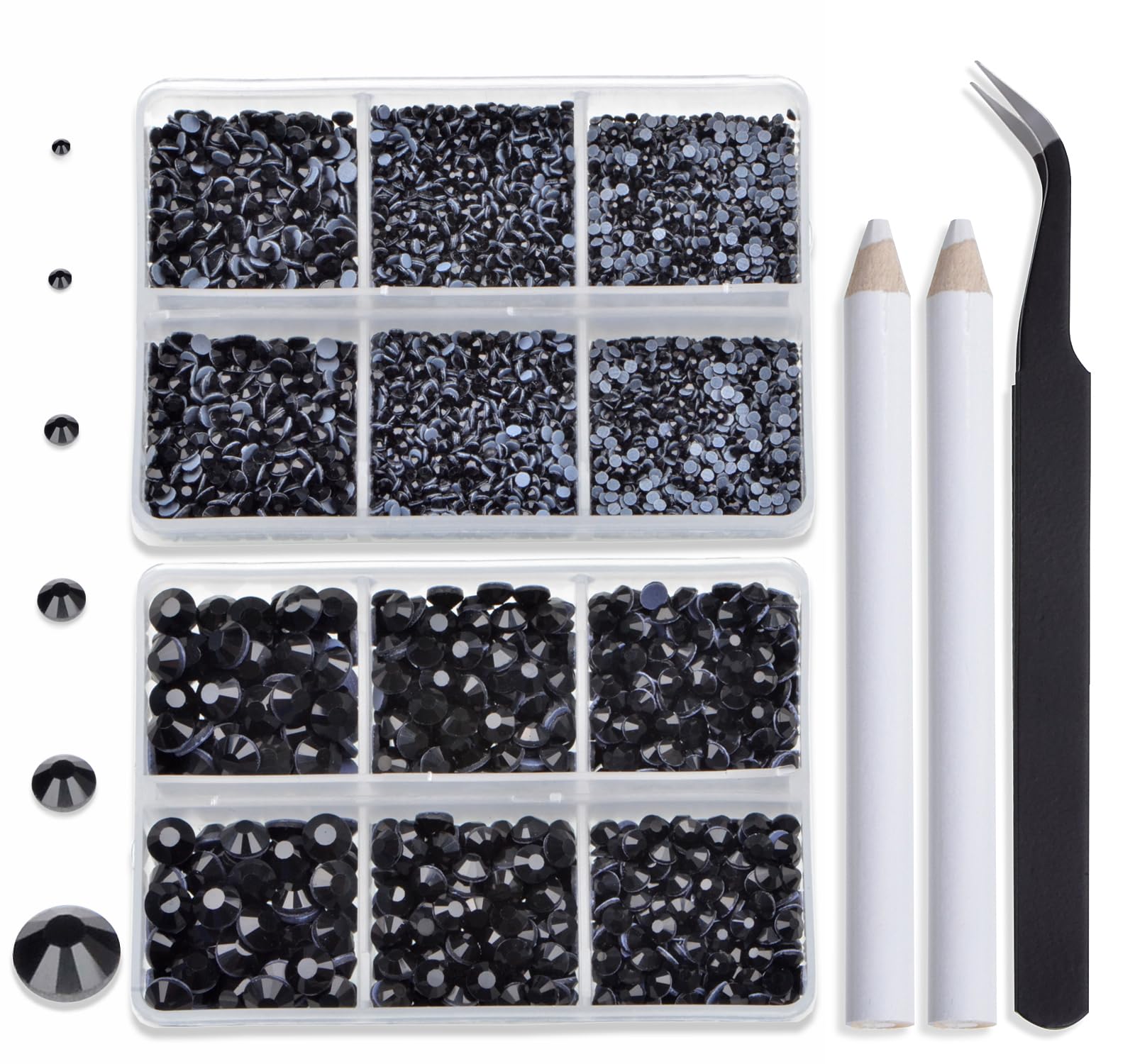 Bymitel Hotfix Crystal Rhinestones Round Gems for Crafts,Mixed 6 Sizes with Wax Pencil Kit, Black 1.6-6.3mm SS4-SS30/8000pcs