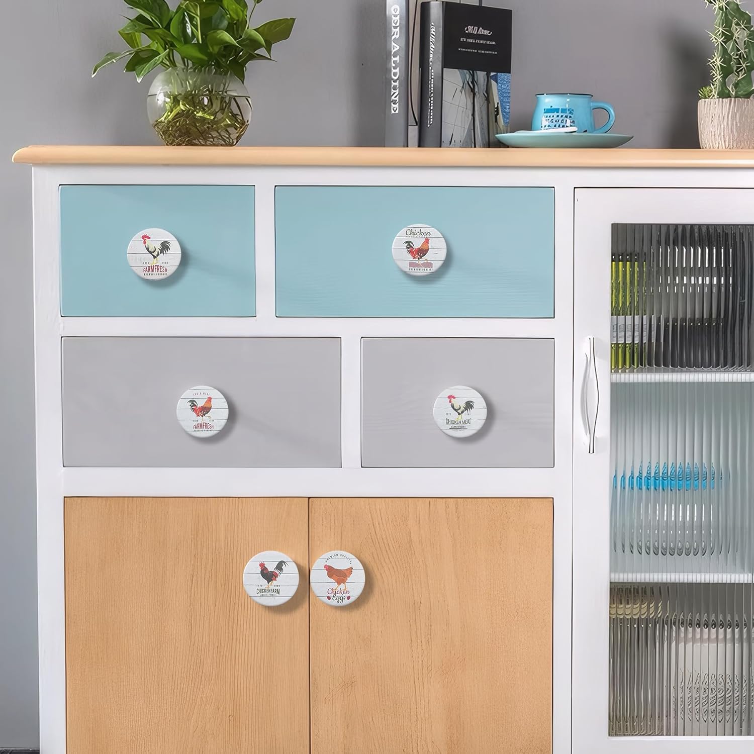 JamJam Set of 8 1.8" Wooden Round Animals Chicken Rustic Cupboard Farmhouse Cabinet Furniture Drawer Pulls and Knobs