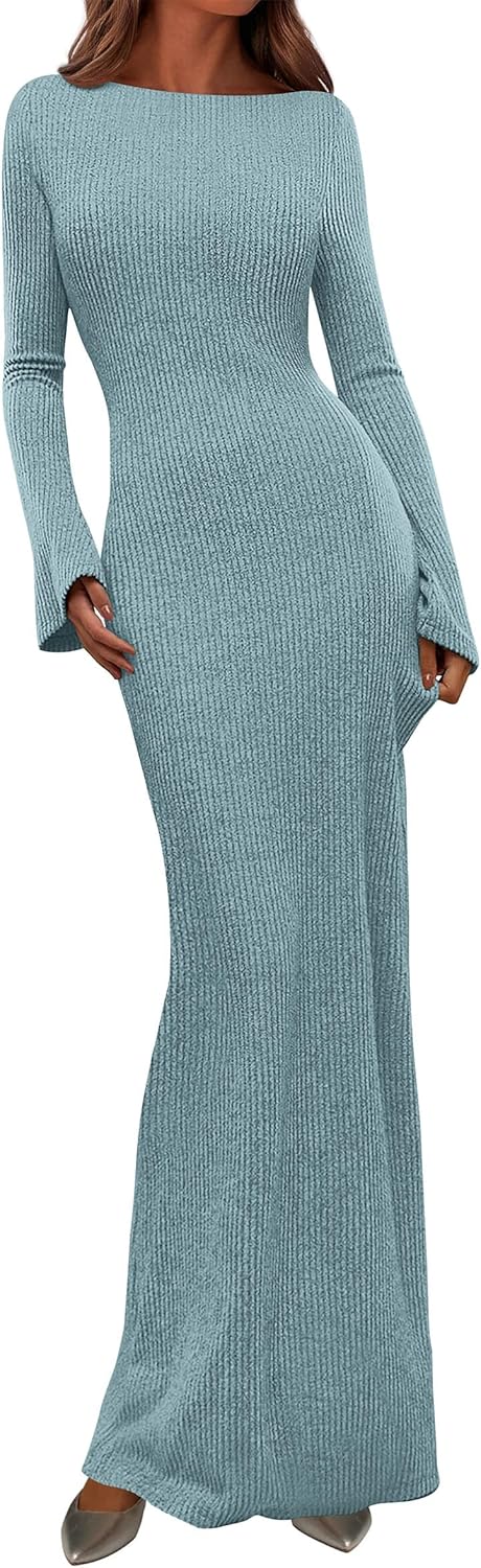 PRETTYGARDEN Women's Fall Fashion 2026 Long Sleeve Maxi Dress Ribbed Knit Boat Neck Bodycon Casual Dresses Going Out Outfits