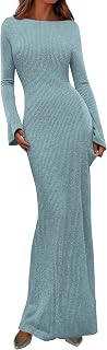 Women's Fall Fashion 2025 Long Sleeve Maxi Dress Ribbed Knit Boat Neck Bodycon Casual Dresses Going Out Outfits