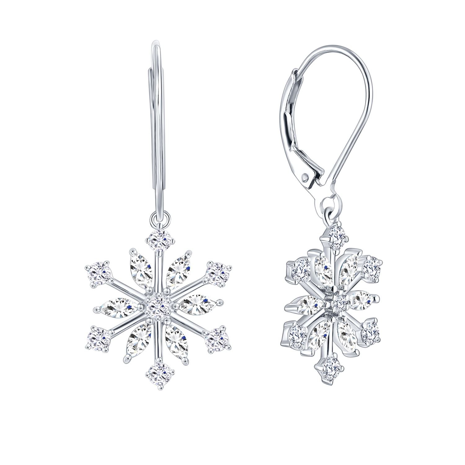 JO WISDOM 925 Sterling Silver White Blue CZ Snowflake Leverback Earrings Drop Dangle Earrings