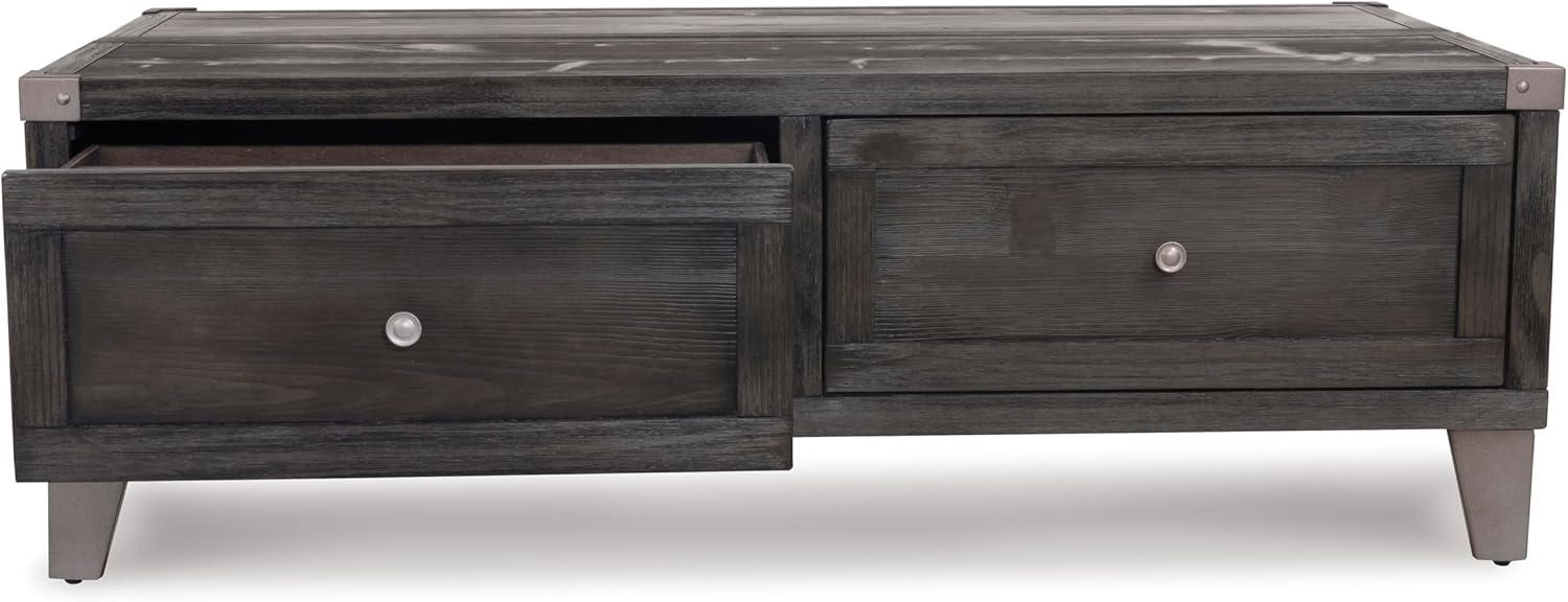 Signature Design by Ashley Todoe Industrial Spring-Lift Top Coffee Table, 2 Storage Drawers, Metal Legs, Wood, 54.38" W x 28.5" D x 18.25" H, Dark Gray & Weathered Pine Finish