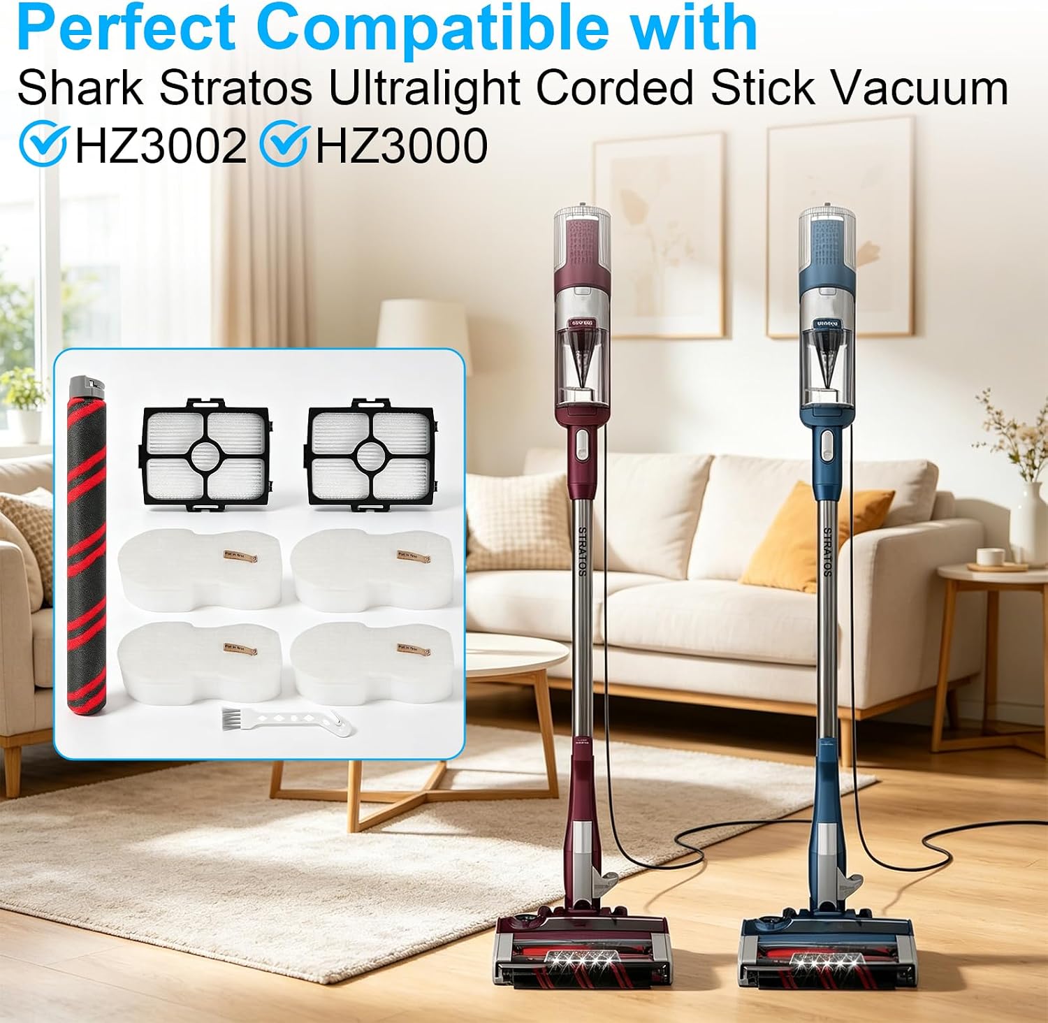 HZ3002 Replacements Filters for Shark HZ3000 Stratos Ultralight Corded Stick Vacuum with DuoClean PowerFins HairPro, 1 Soft Roller Brush, 2 HEPA Filters, 4 Foam & Felt Filters, Washable and Reusable