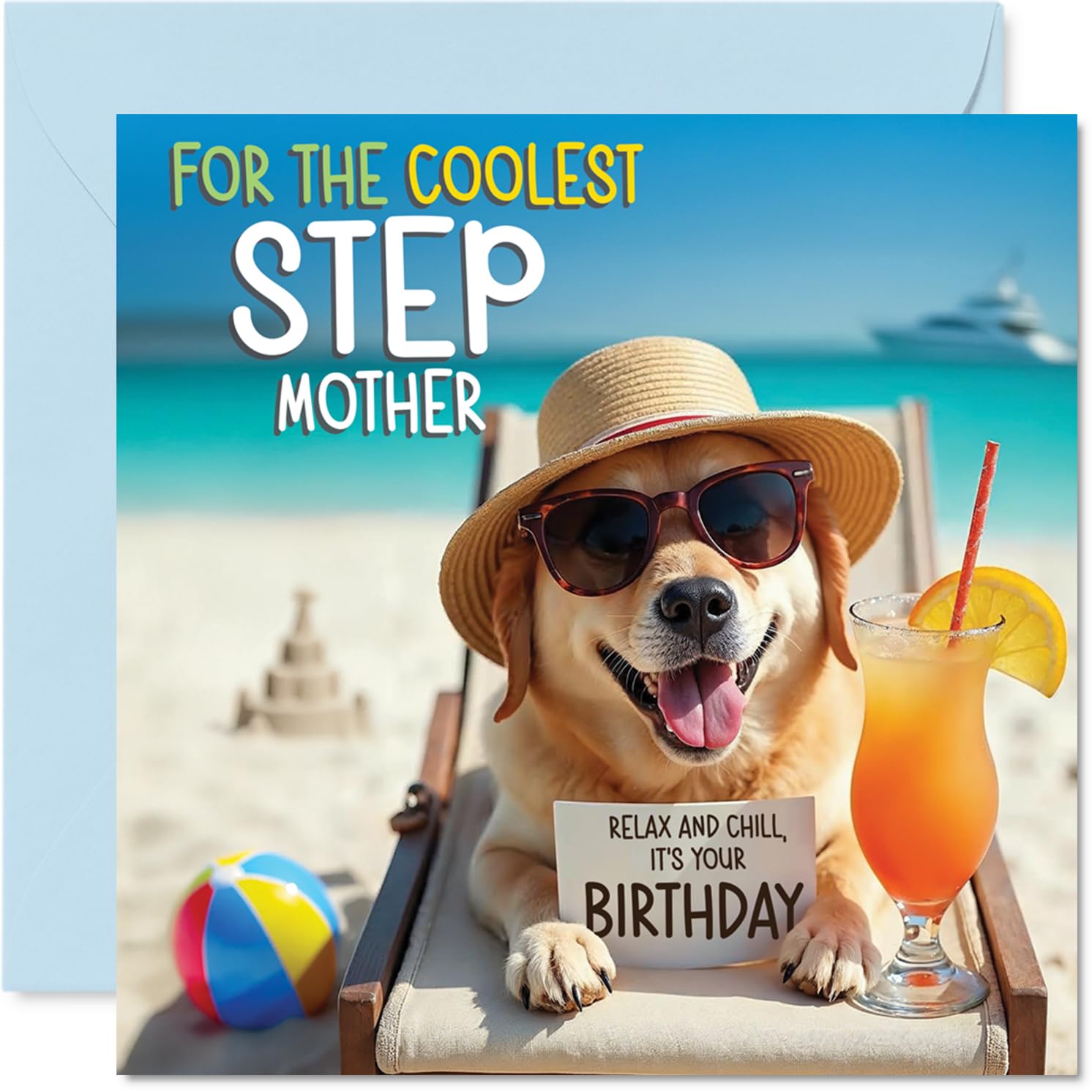 Step Mother Birthday Card - Chill Beach Dog - Happy Birthday Card for Step Mother from Son Daughter, 145mm Chill Beach Dog Bday Greeting Cards