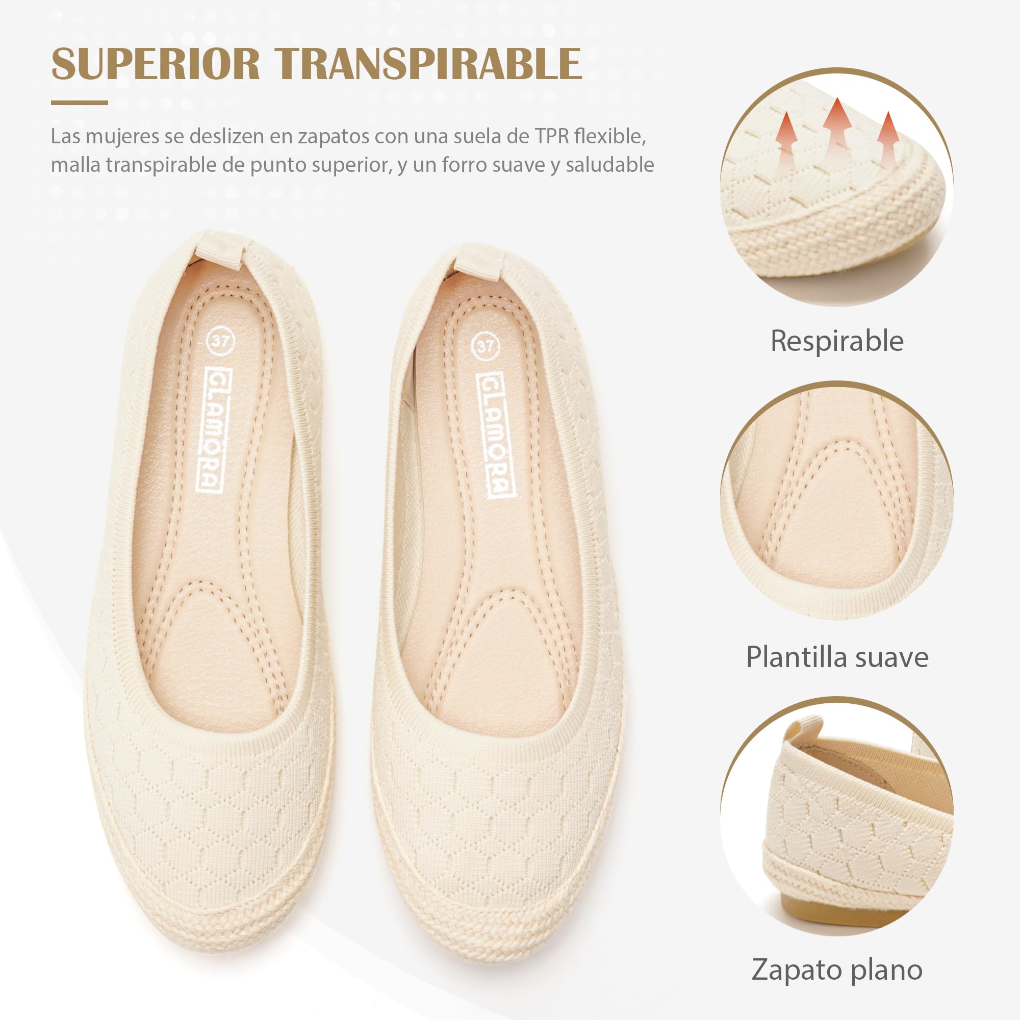 GLAMORA Bailarinas Mujer Punto Transpirable Manoletinas Cómodas Zapatos Planos Verano Suela Efecto Esparto Flexibles Ligeras Calzado Mujer Ajuste Elástico Puntera Redonda