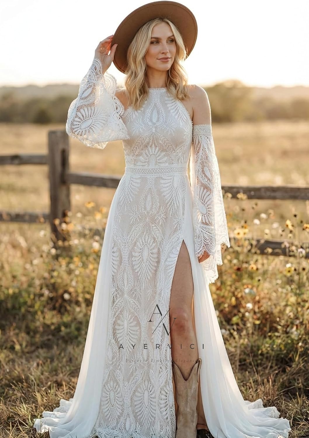Women's Halter Lace Wedding Dress Removable Bell Sleeves High Slit A Line Long Informal Beach Bridal Gowns