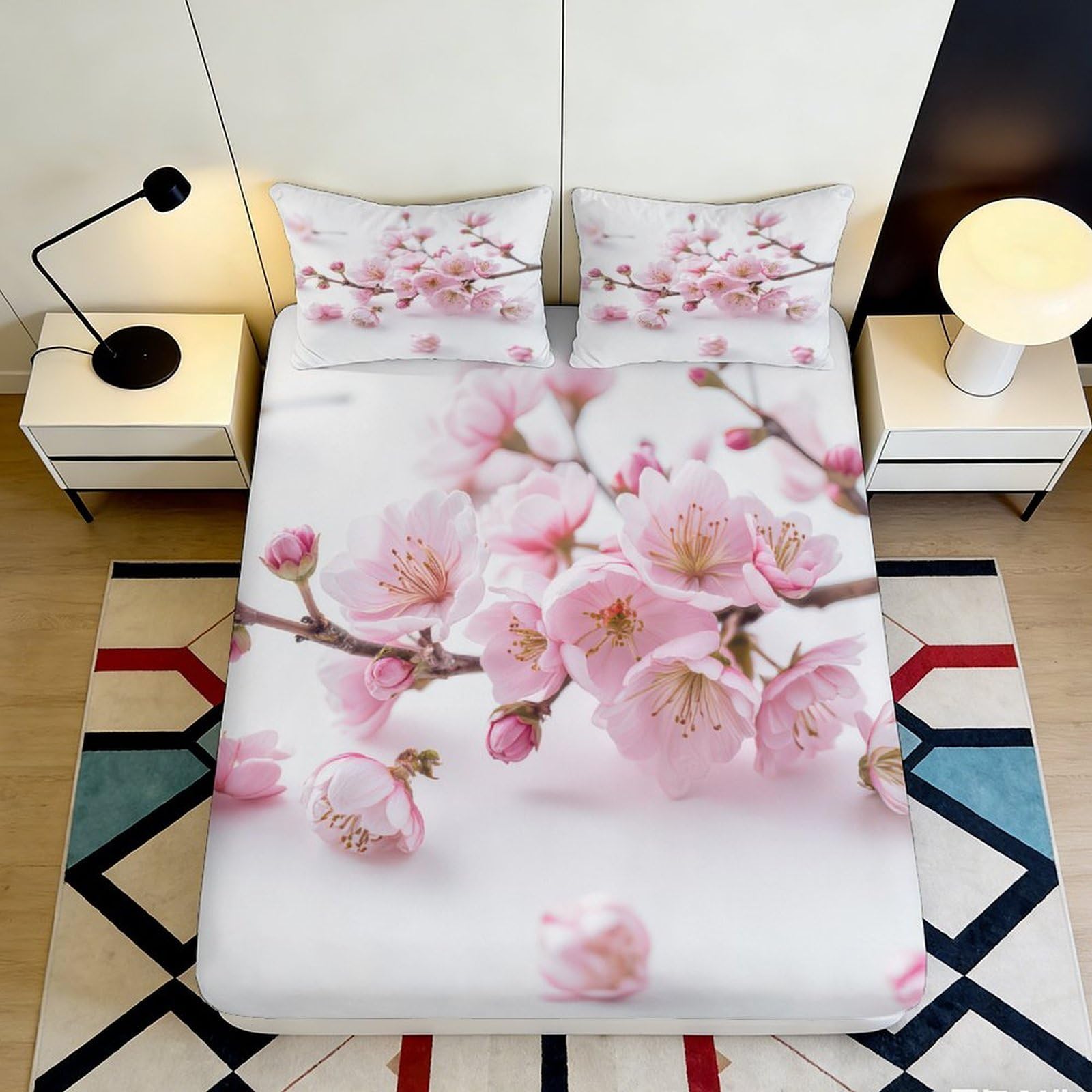 3D Printed Cherry Blossom Fitted Sheet Microfiber Pink Floral Bed Sheet Japanese Sakura Mattress Cover Bedroom Decor 90x200x25cm