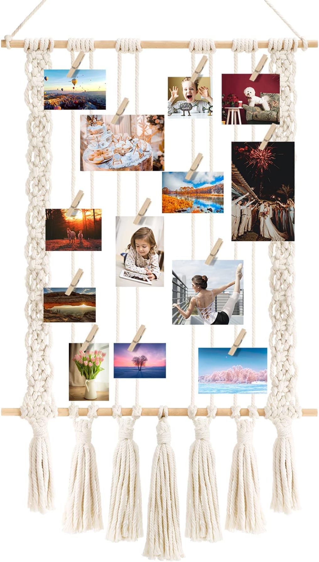 Excefore Hanging Photo Display Wall Decor,Macrame Wall Hanging Bedroom Decor,Home Office Decor Wall Art Teen Girl Room Decor,with 30 Wood Clips, Gift for Birthday Holiday Party