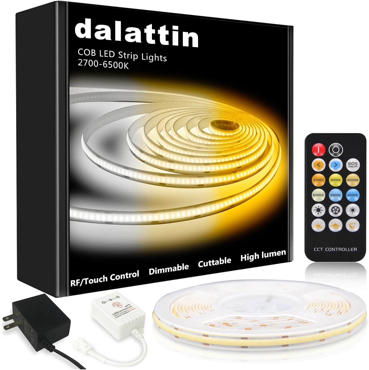 dalattin COB LED Strip Lights,16.4ft LED Lights, 608 LEDs/m High Density Flexible 24V Flexible Tape Light with Remote & Touch Control,Dimmable 2700K-6500K for Living Room, Bedroom, Kitchen Lighting