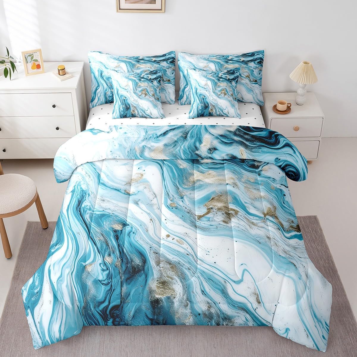 Erosebridal Abstract Artwork Bed in a Bag 7-Piece Blue Marbling Bedding Set, Mountain Fluid Watercolor Full Size Comforter Set Aesthetic Marble Bedding Comforter Sets, Foil Print Bed Set