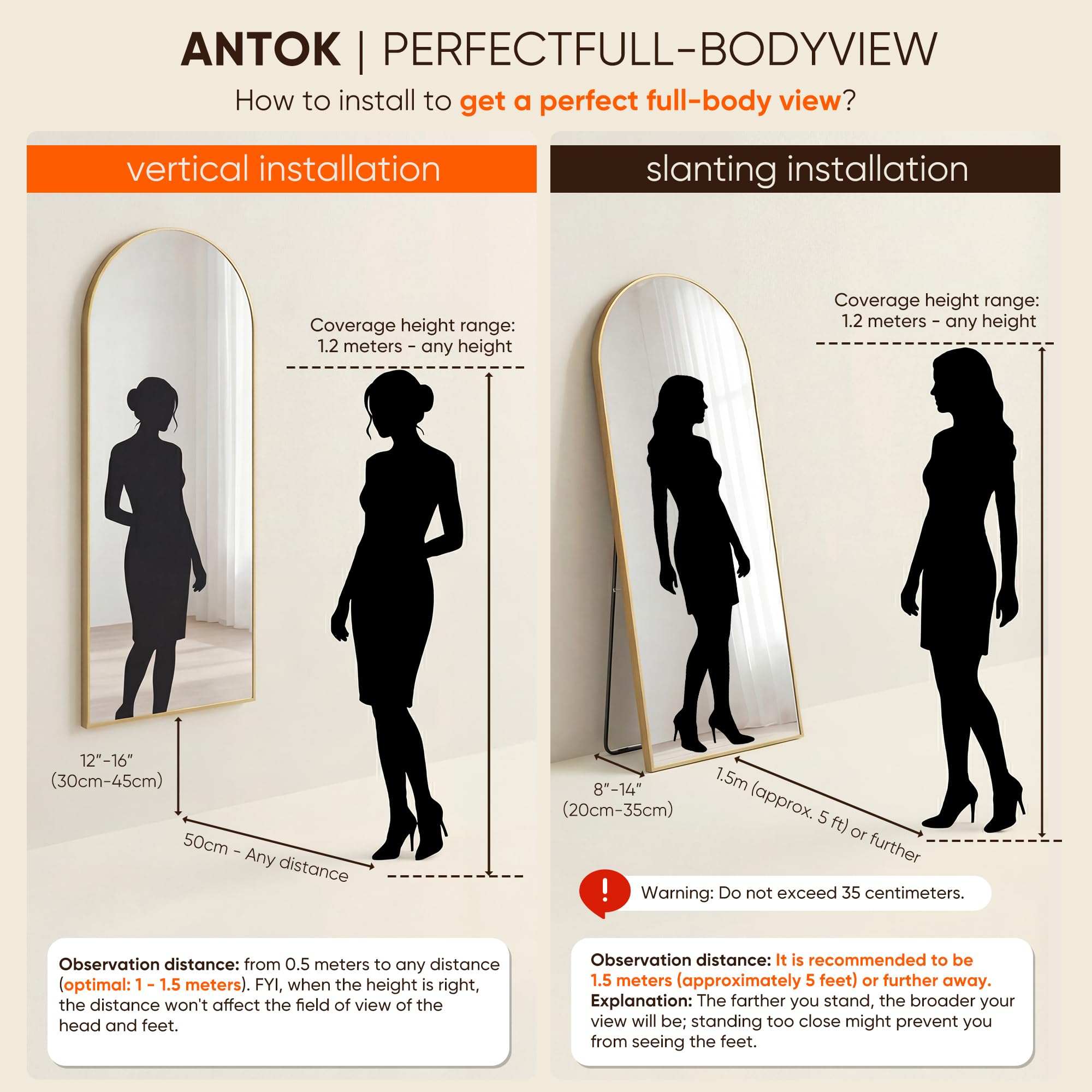 Antok Specchio a figura intera, 147,3 x 45,7 cm, specchio da pavimento autoportante, specchio a corpo intero con supporto per camera da letto, specchio da appendere per soggiorno guardaroba, oro