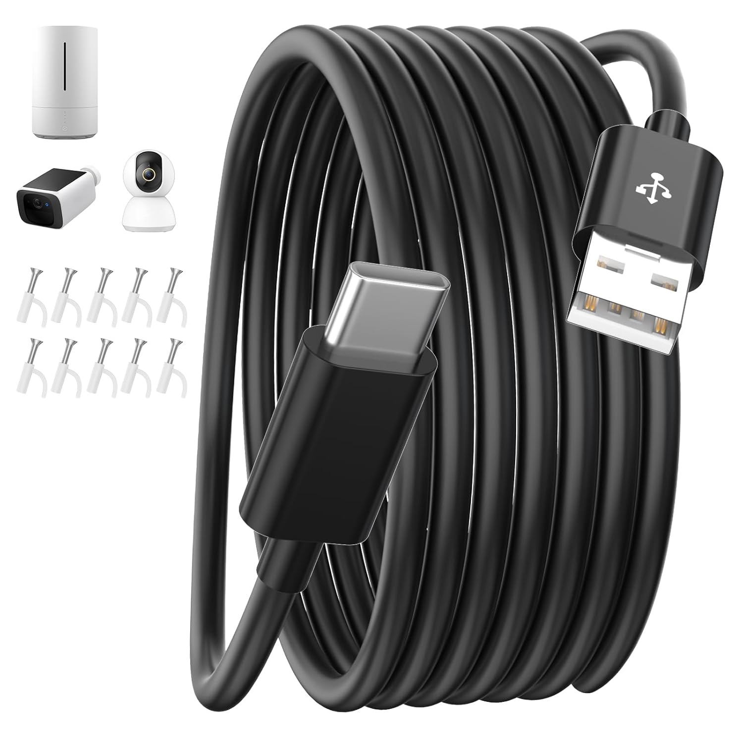 26FT USB A to USB C Cable for eufy Security Indoor Cam E220 Xiaomi Mi Smart Camera C400 Extra Long Type C Power Extension Cable for CCTV WiFi Home Security Camera Black