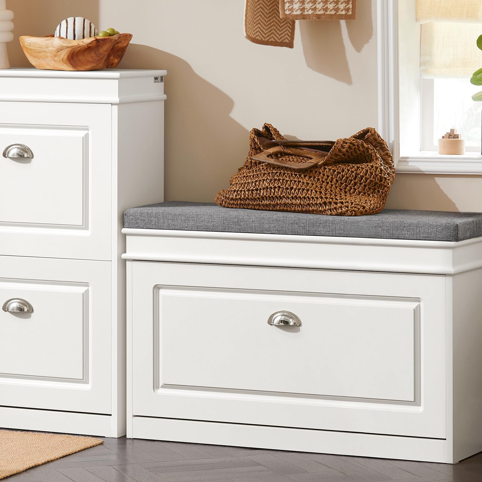 Haotian Shoe Storage Bench with Cushion, White Narrow Shoe Rack for Entryway, Small Shoe Cabinet with 2 Tiers Flip-Drawer, Closet Hallway Mudroom FSR82-L-W