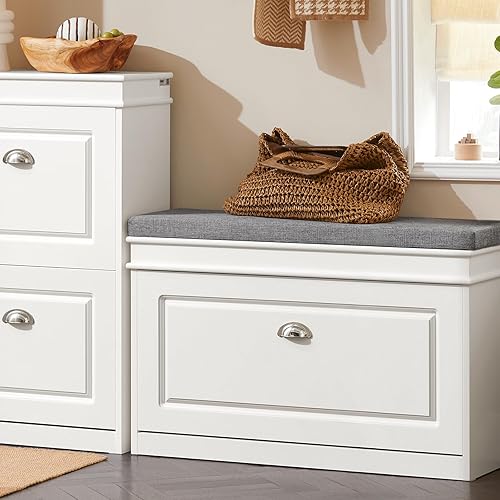 Miniatura 15 de Haotian Banco de Zapatos de Pasillo Blanco, Zapatero Estrecho de Entrada, Pequeño Armario de Zapatos con 1 Cajón Abatible y Cojín de Asiento,