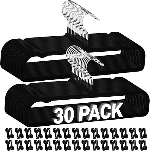 30 Pack Black Velvet Felt Pants Hangers with 30 Hooks, Heavy Duty Space Saving Clothes Hangers with 360° Swivel Hook, Non Slip Thin Cute Flocked Design for Shirts, Coats, Dresses & Closet Organization
