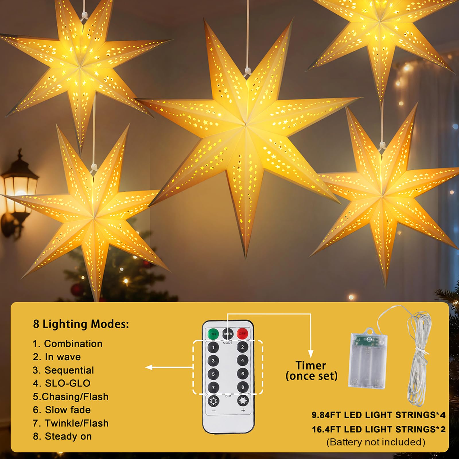 Große Papierstern-Laternen mit Lichtern, 3D-Hohl-Out-Weihnachtspapierlaternen, 4 Stück, faltbar, dekorative Weihnachtsdekorationen für Weihnachten, Hochzeit, Neujahr, Party, Heimdekoration