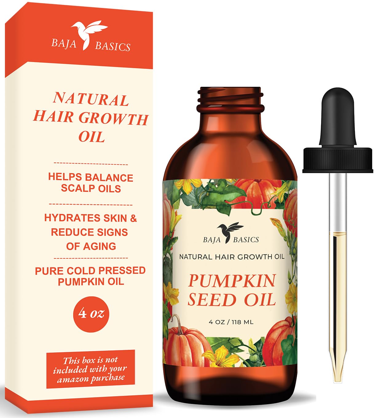 Baja Basics Organic Pumpkin Seed Oil for Hair Growth 4oz – Pure Cold Pressed Pumpkin Oil to Repair Damaged Hair, Hydrate Dry Skin, Reduce Signs of Aging & Strengthen Nails