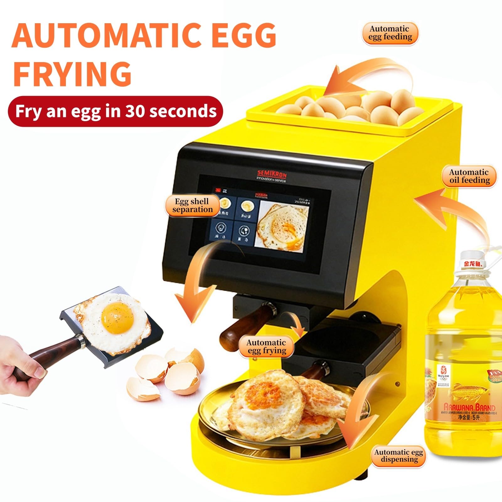 Máquina automática para freír huevos, cocinadora inteligente de huevos fritos de 2500 W, máquina automática para huevos fritos con pantalla táctil LED, huevo frito rápido en 30 segundos Yellow
