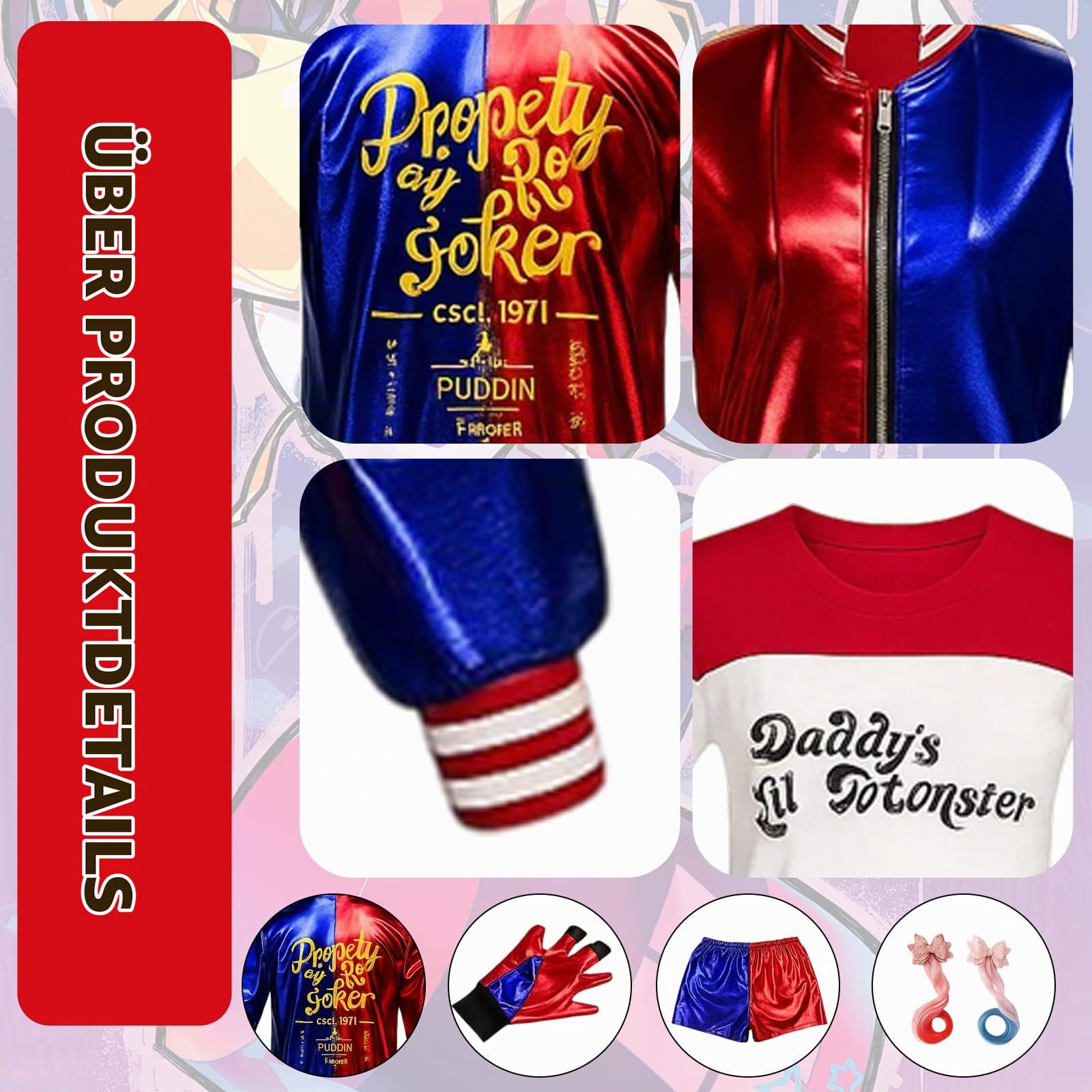 Harley Kostüm Kinder, Halloween Kostüm kinder, 11Stück Set für Mädchen, Karneval Kostüm für Kinder Cosplay Clown Kostüm für Karneval Cosplay Faschings Halloween(120CM/130CM/140CM)