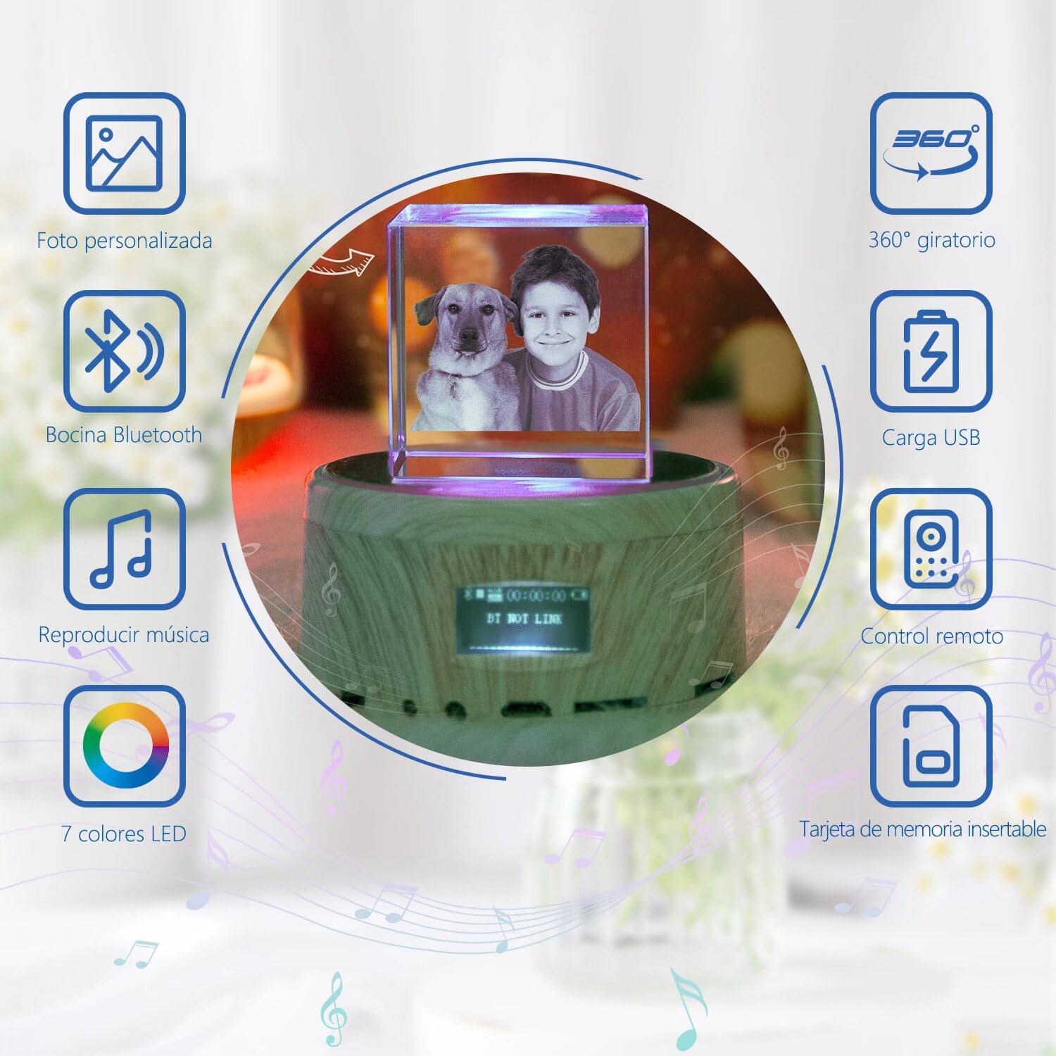 Personalisiertes Kristall Rotation Fotorahmen, Kristall mit Gravur Foto, Desktop-Dekoration, Geschenk mit Bluetooth-Drehlautsprecher, Geschenke zum Kindergeburtstag