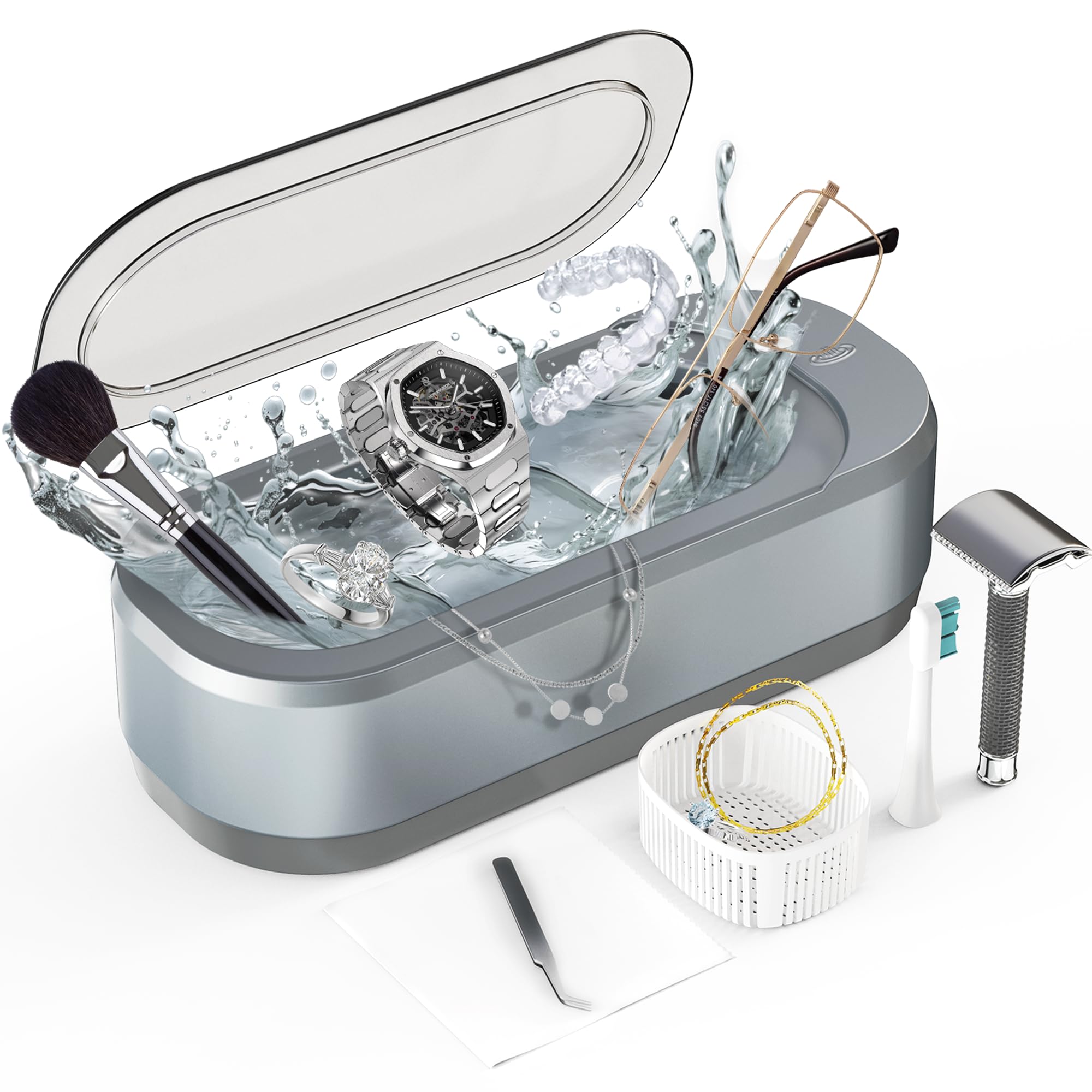 Sonic Jewelry Cleaner, Professional Sonic Eyeglasses Cleaning Machine for Watches, Diamond Rings, Earring, Denture, Retainer, Invisalign, ATCKIT 46KHz 350ml Multipurpose Cleaner, Grey