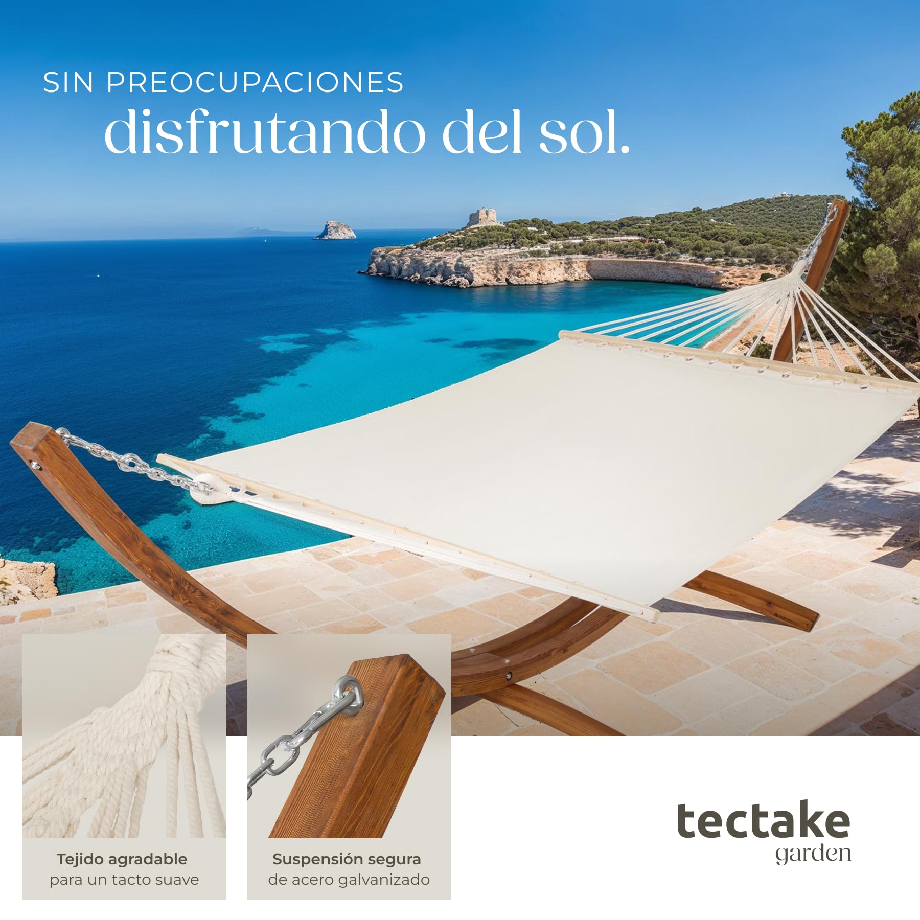 tectake® Hamaca Jardin XXL Colgante para 2 Personas, Robusta, Tumbona Jardin Exterior y Terraza, Cama Doble, Montaje Fácil, con Accesorios, Ideal para Camping y Camper Furgoneta - Blanco