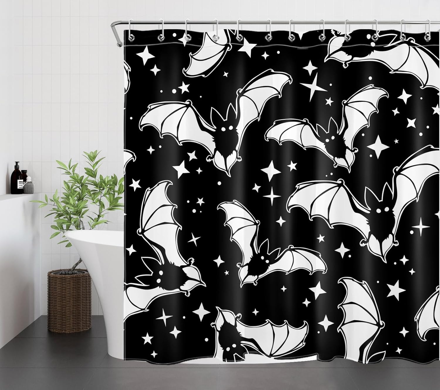 LB Spooky Halloween Shower Curtain Decor, Gothic Horror Halloween Black and White Bats Shower Curtains 72X79 inch Polyester Fabric Bathroom Decoration Bath Curtains Hooks Included