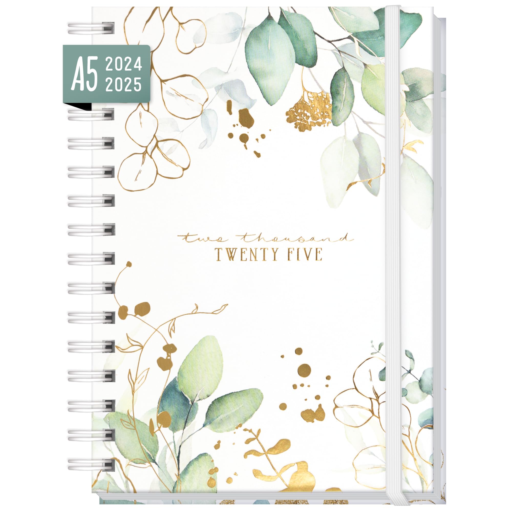 Calendario internacional 2024/2025 A5 "Gold Leaf" planificador semanal para 18 meses (24 jul - 25 dic) en idiomas: EN/FR/IT/ES - sostenible y respetuoso con el clima