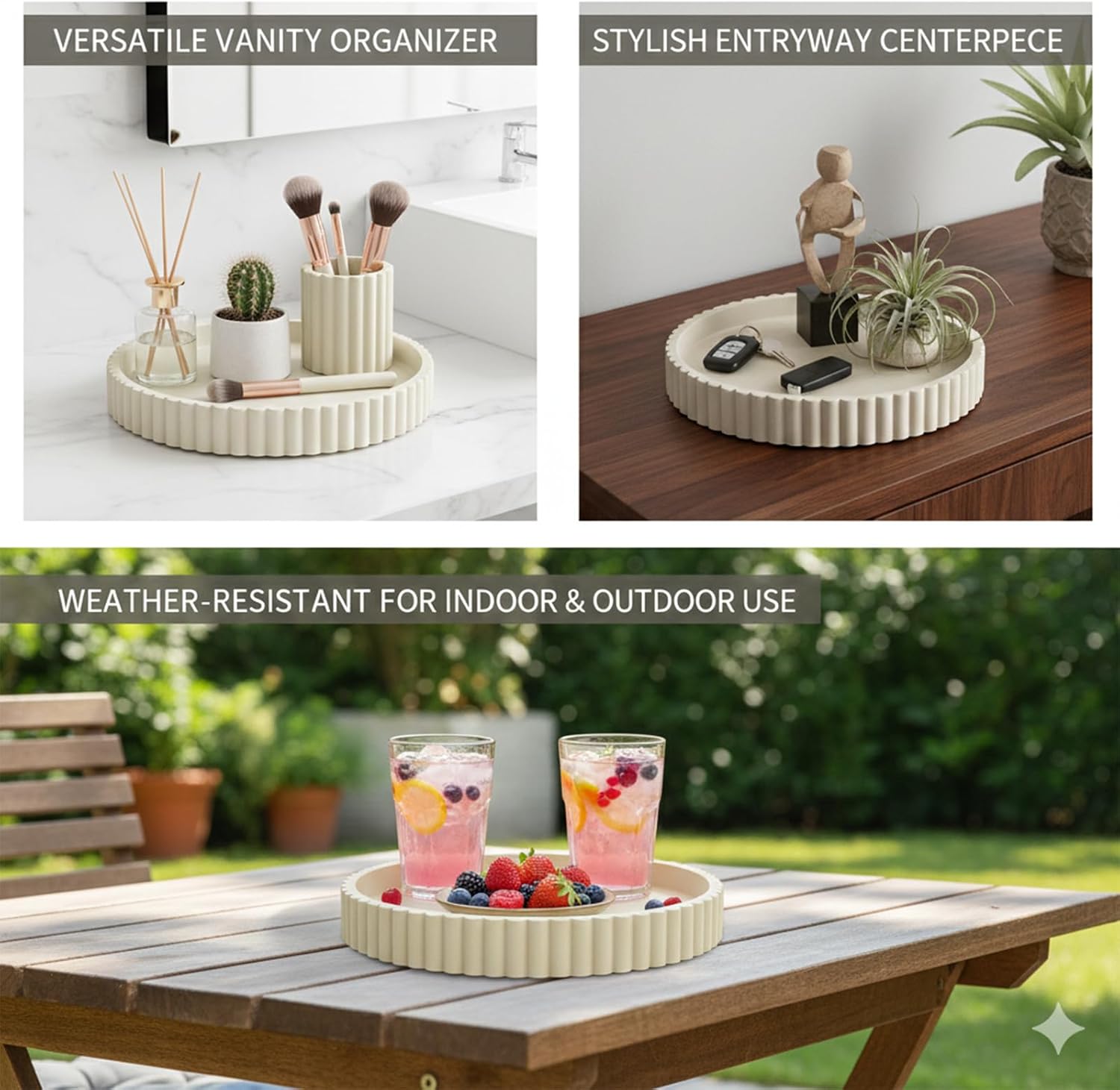 13" Round Concrete Tray for Coffee Table Decor,Modern Gray Centerpiece Decorative Home Table Serving Tray for Living Room,Office,or Dining Room - Durable and Stylish (Cream)