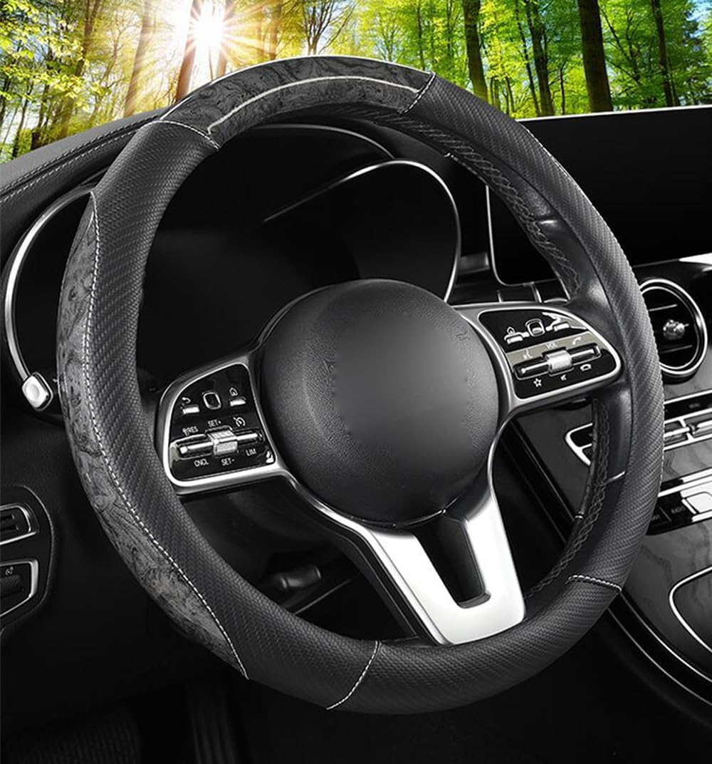 GZE 15 Inch Steering Wheel Cover Wood Grain Leather Anti-Slip Four Seasons Universal Sport Style Car Wrap Cover Auto Interior Accessories (Coffee)
