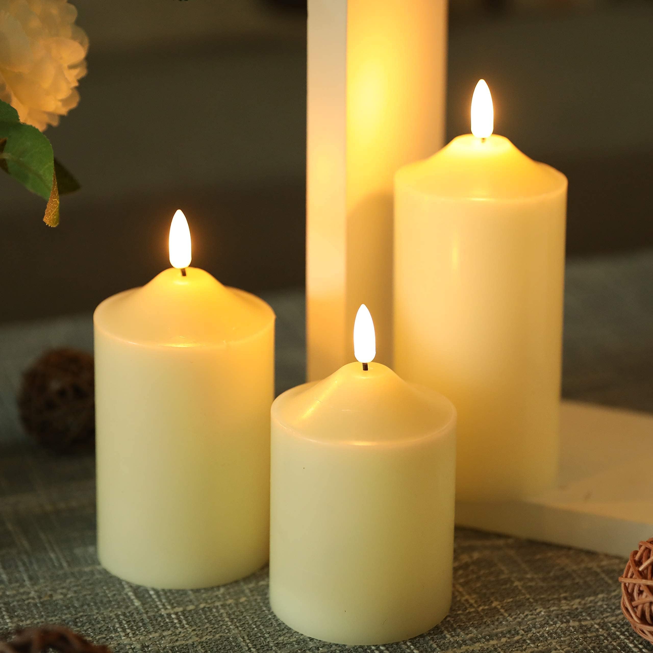 JHY DESIGN 3D Flameless Candles Set 4/5/6inch High Real Wax Battery Candle Pillars Flickering LED Candles with 8-Key Remote Control Timers for Home Wedding Party Christmas Decoration (Set of 3)