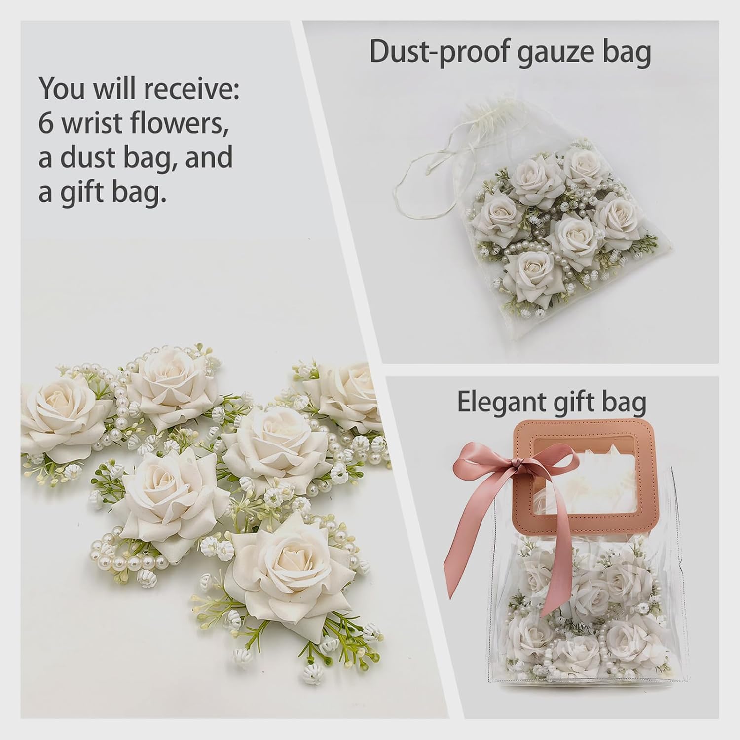 6 Pcs Wrist Corsages for Wedding, White Rose Corsage for Bride Bridesmaids Mother Girl, Artificial Flower Bracelet Homecoming Prom Party Anniversary Accessories（Comes with an Elegant Handbag）