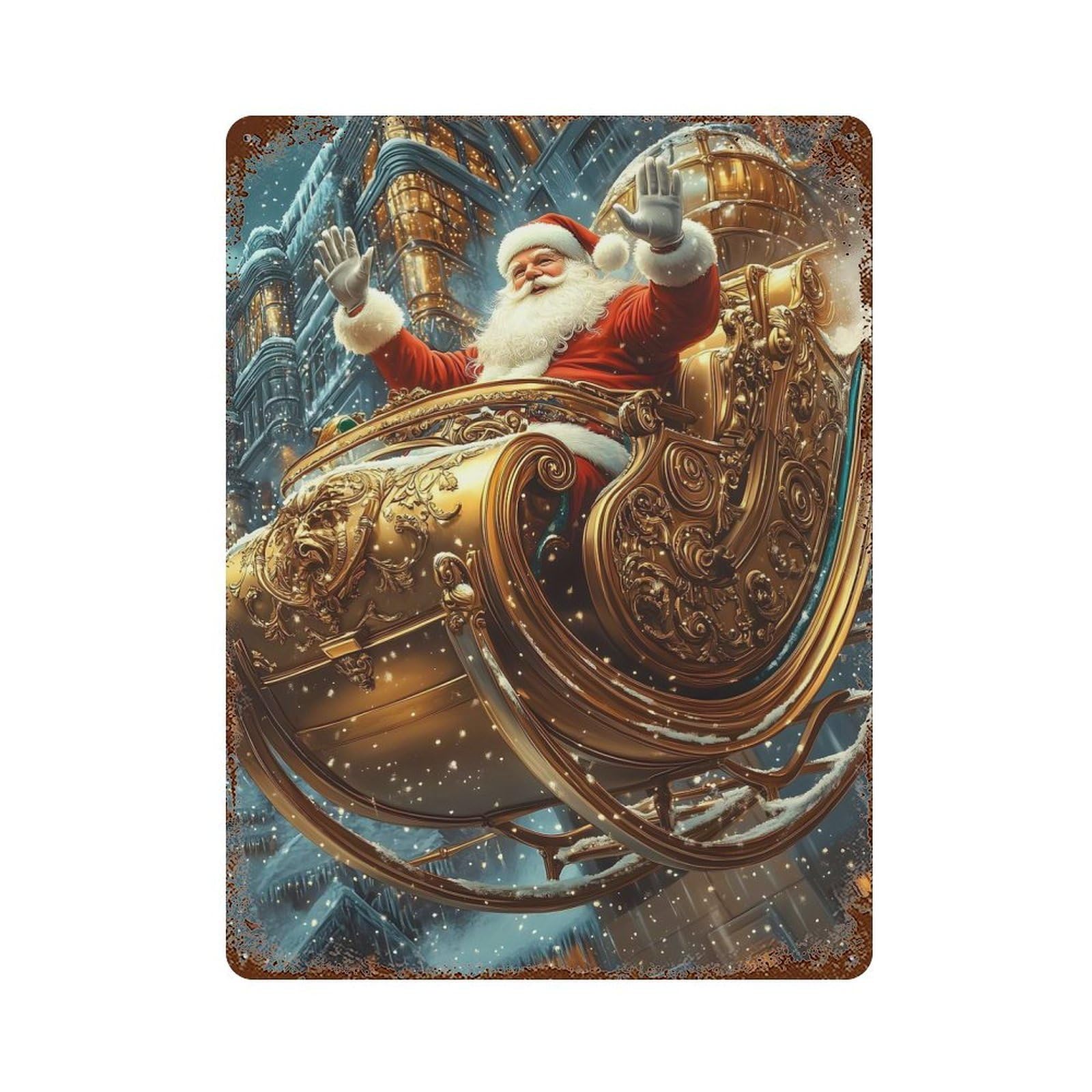 Garage Style Santas Golden Sleigh Rustic Tin Plaque 15.7"x11.8", Classic Wall Plaque for Bar And Workshop