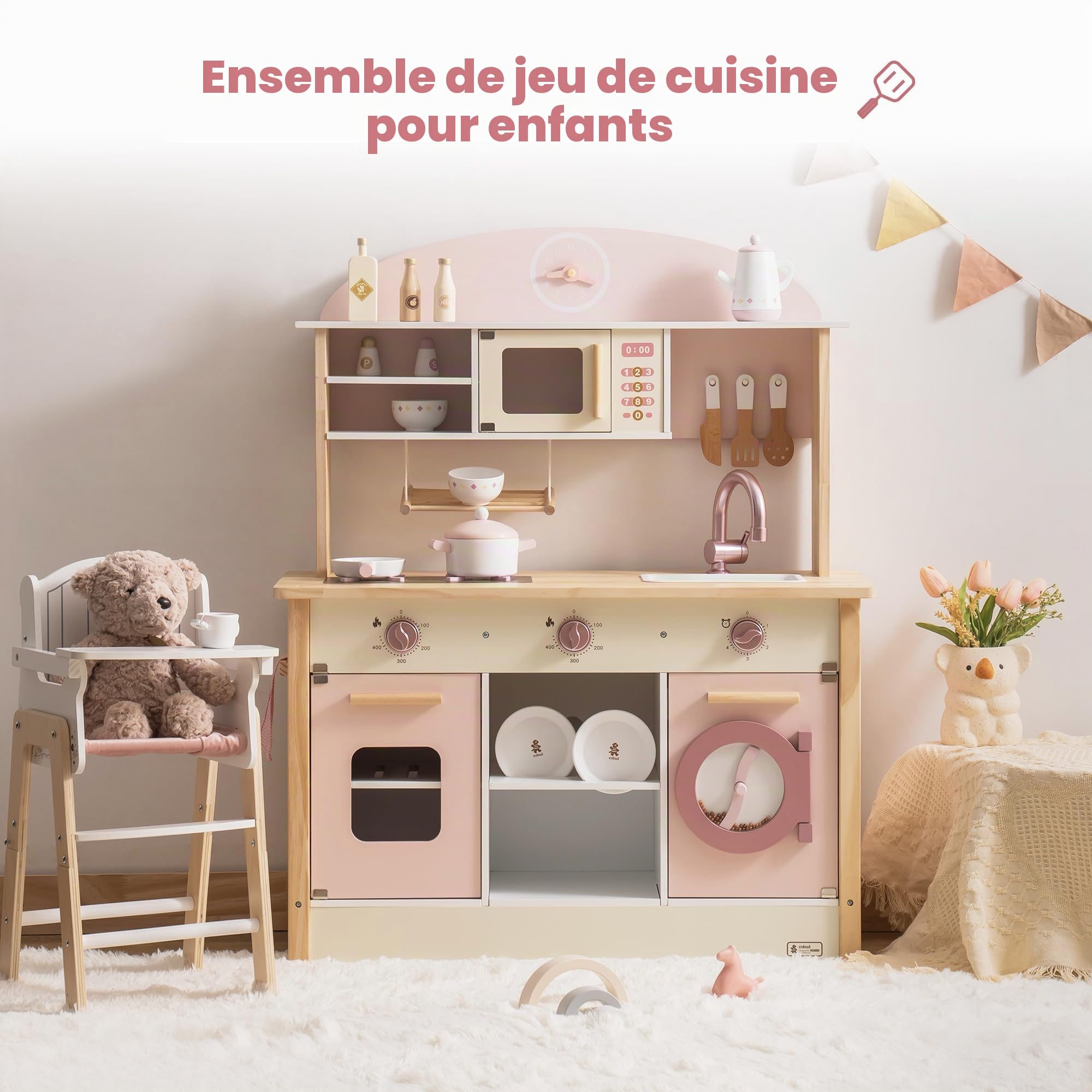 ROBUD Cuisine de Jeu pour Enfants et Tout-Petits, Cuisine de Jeu en Bois avec Accessoires réalistes, Ensemble de Cuisine Jouet avec Beaucoup de fonctionnalités de Jeu, Cuisine Jouet de Style Moderne