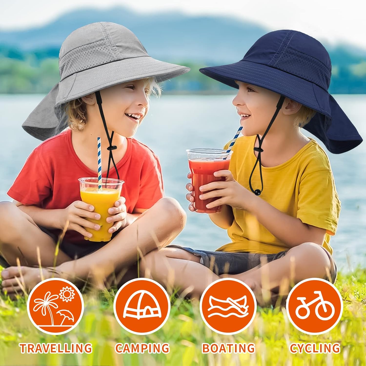 2-Pack Toddler Baby Sun Hat Summer UPF 50+ Protection for Boys Girls Kids Adjustable Beach Hats with Bucket Wide Brim Age 1-7 Years Outdoor(Medium,Grey + Navy) - Image 2