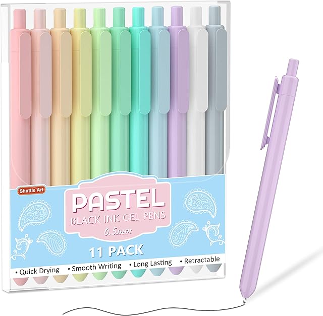 Shuttle Art Retractable Pastel Gel Ink Pens, 11 Pack Black Ink Pens, Cute Pens 0.5mm Fine Point for Writing Journaling Taking Notes School Office Home