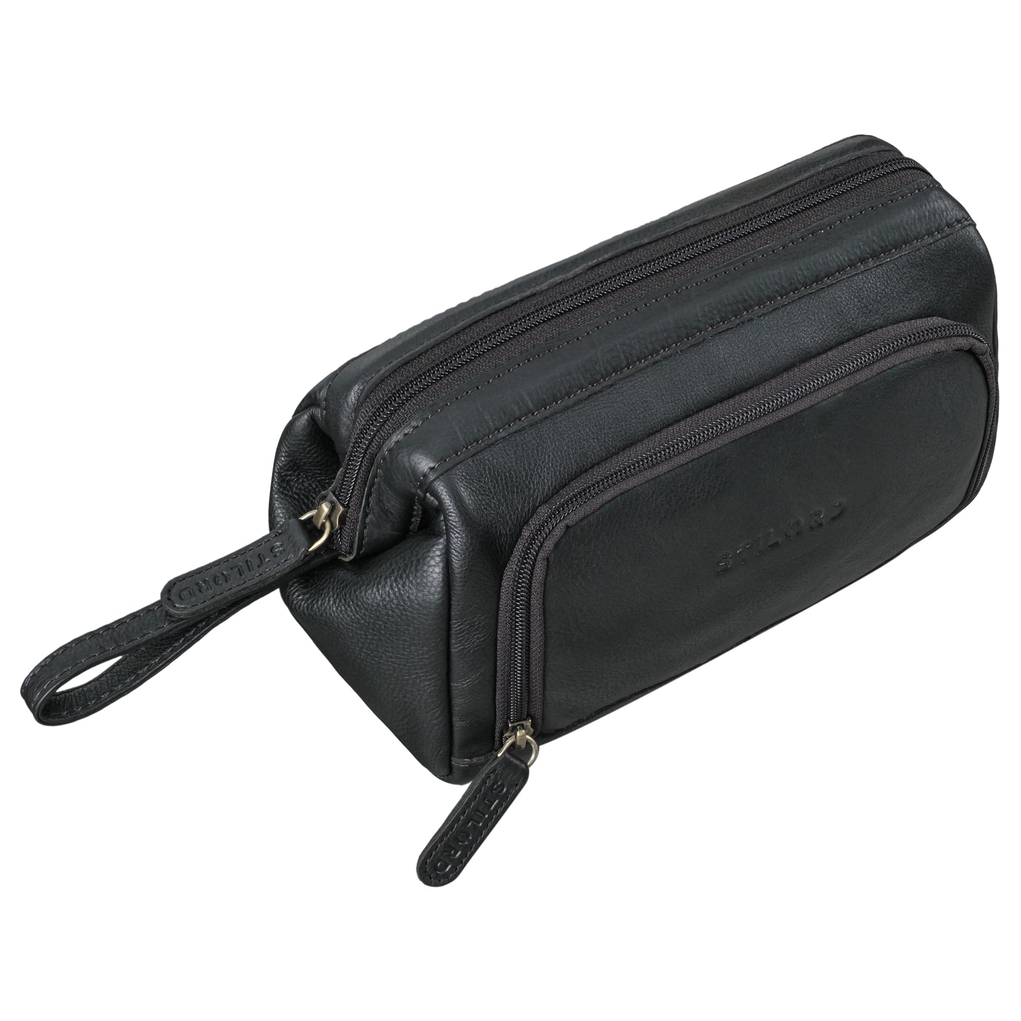 STILORD Henry Kosmetiktasche und Kulturbeutel aus Leder für Damen und Herren, große Waschtasche mit Fächern und Trageschlaufe Farbe:schwarz