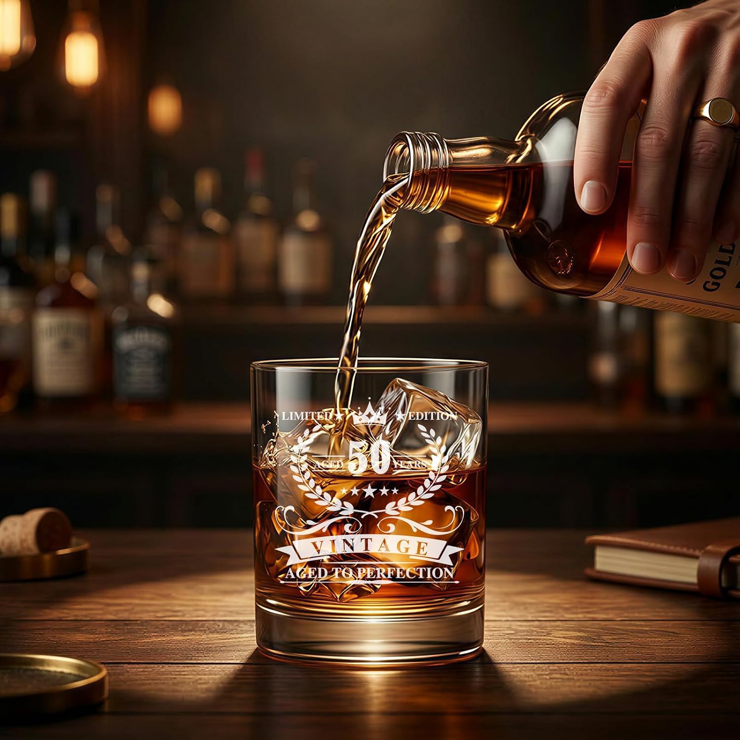 50th Birthday Gifts for Men – Whiskey Glass & King Crown Sash Set, 50th Birthday Decorations for Dad Husband Him, Funny Party Supplies, Unique 50 Years Old Gift from Wife.