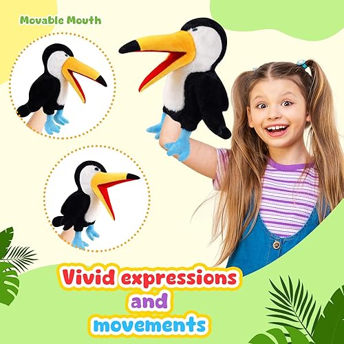 Miniatura 4 de Marionetas de mano de animales de 11 pulgadas, pájaro de peluche, tucán, búho, águila, loro, flamenco, pavo real, juguetes de títeres de juego de