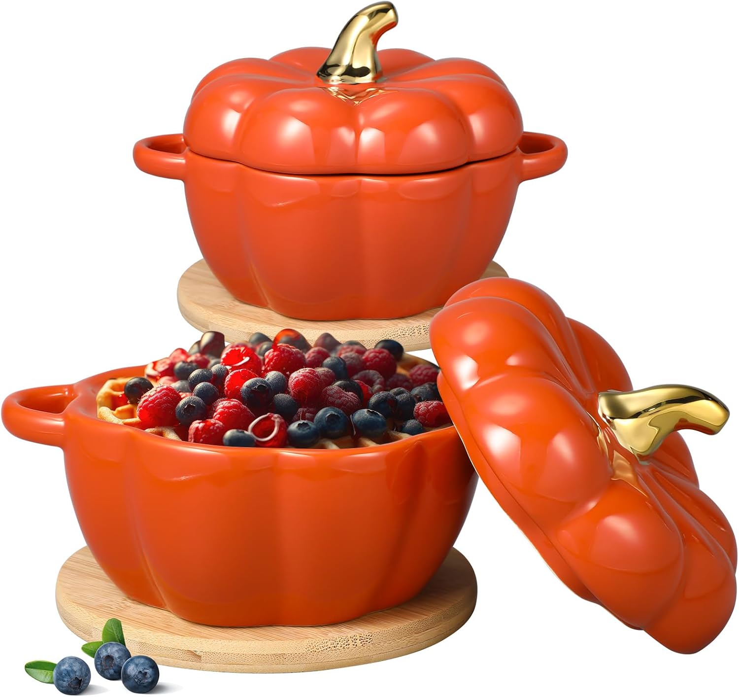 Zhehao Set of 2 Ceramic Pumpkin Bowl with Lid 15 oz Pumpkin Pot with Insulated Pads Fall Baking Cookware for Thanksgiving Dessert Seasonal Decorations(Orange)