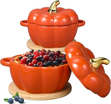 Zhehao Set of 2 Ceramic Pumpkin Bowl with Lid 15 oz Pumpkin Pot with Insulated Pads Fall Baking Cookware for Thanksgiving Dessert Seasonal DecorationsOrange