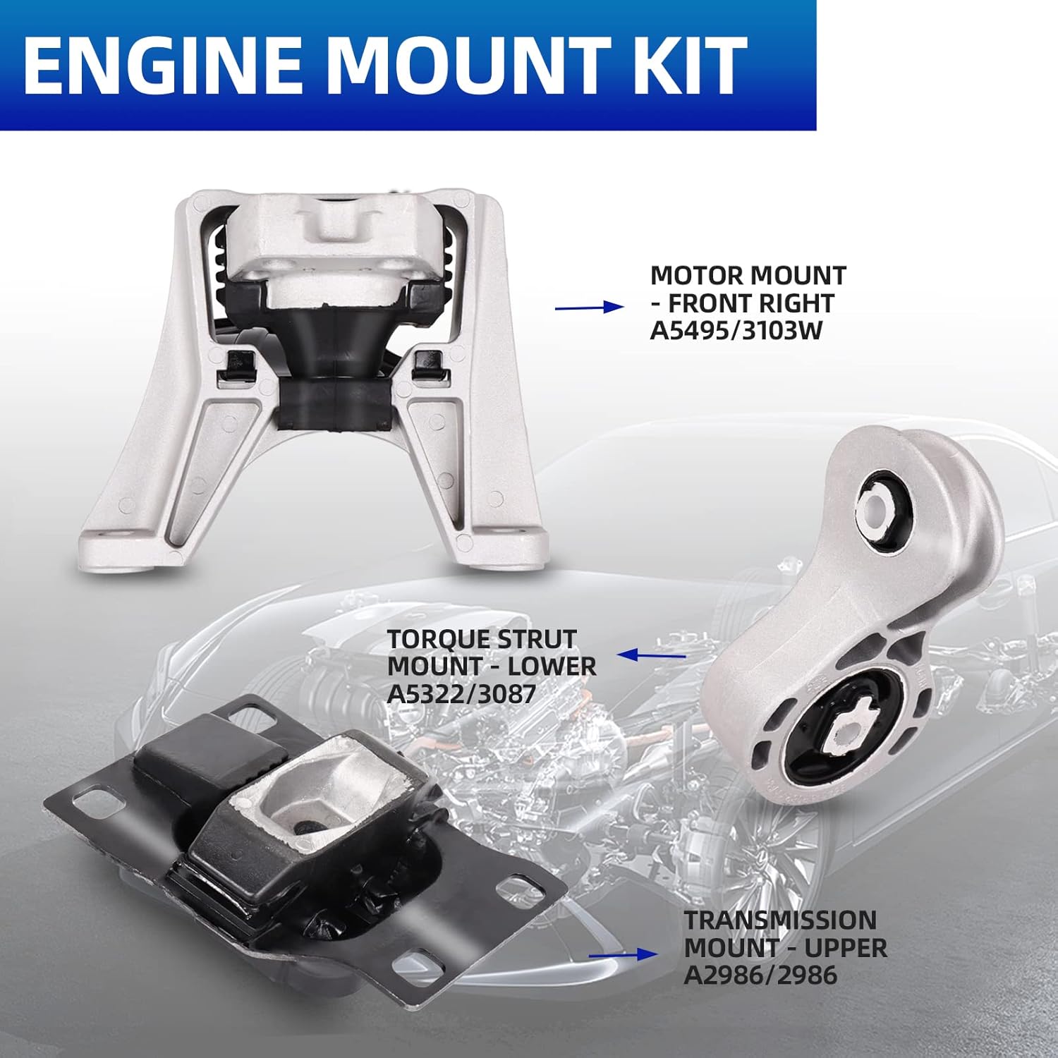 Engine Motor Mount Set-Compatible with Fits for 2008 2009 2010 2011 Ford Focus 2.0L Auto 3PCS, A5322 A2986 A5495