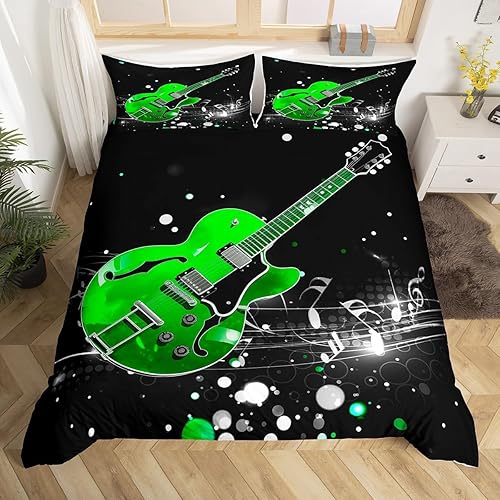 3D Electric Guitar Bedding Set,Green Guitar Duvet Cover for Kids Teens Boys Girls,Music Notes Comforter Cover Decorative Room,Rock Music Quilt Cover with 2 Pillowcases,King Size(No Comforter)