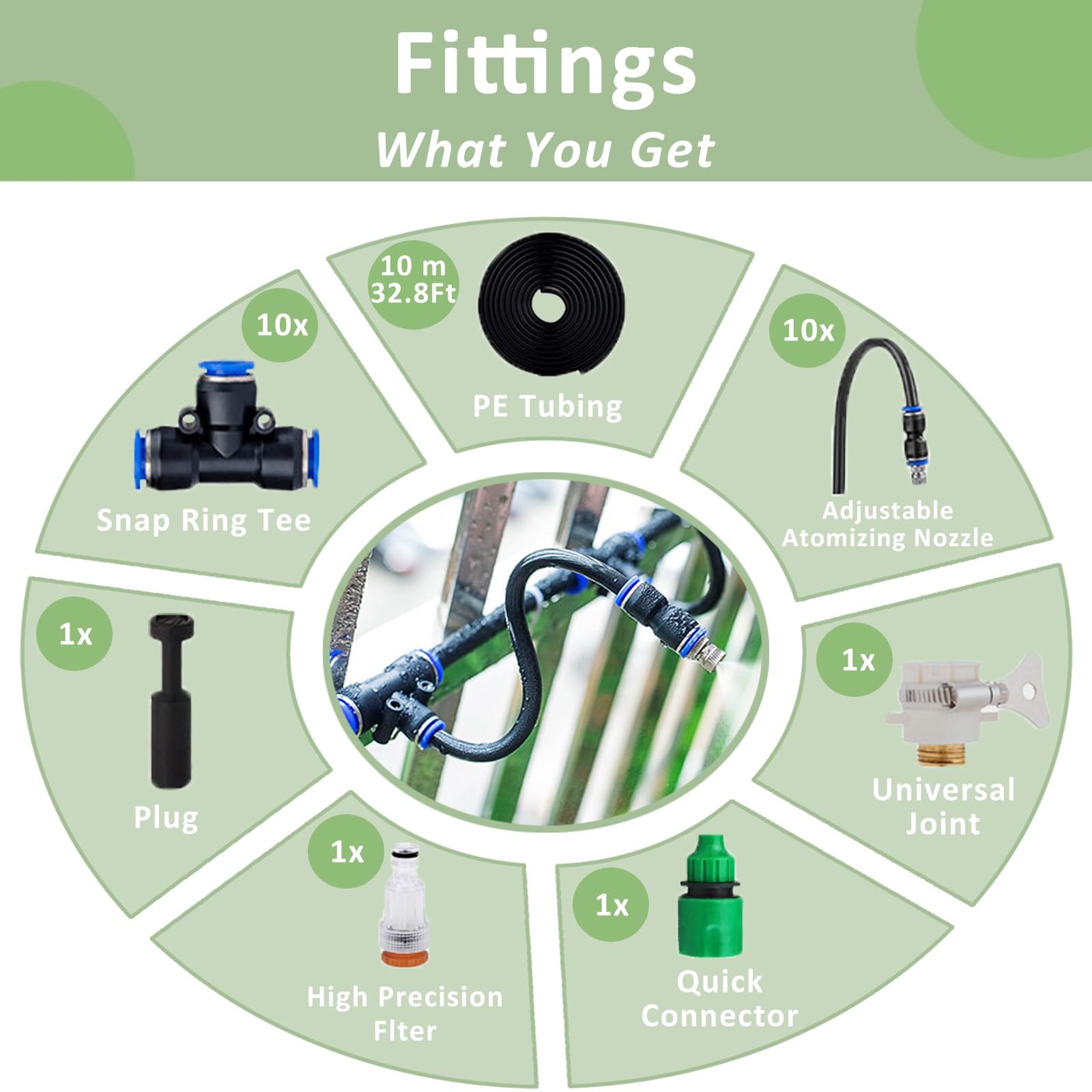 Kit nebulizzazione patio irrigazione giardino raffrescamento esterno | Flusso d'acqua regolabile un raffreddamento, patio, giardino, uso in serra(10cm Nozzle,32.8ft(10m))