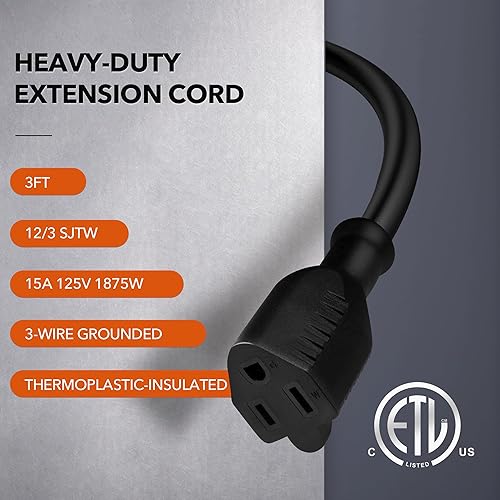 Miniatura 2 de BN-LINK Cable de extensión para exteriores de 3 pies, cable de alimentación SJTW 123 resistente, enchufe de conexión a tierra de 3 clavijas,