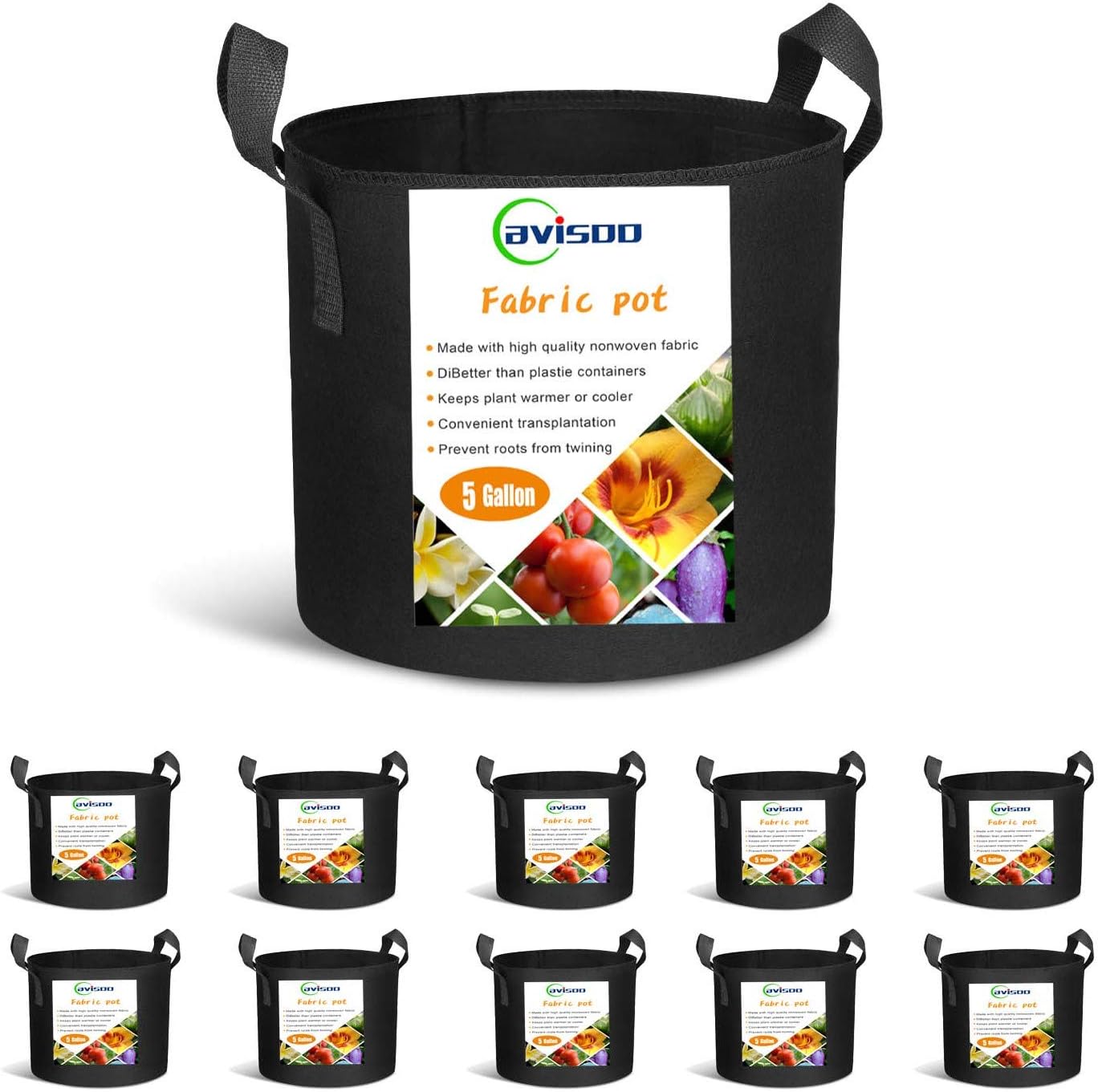 Cavisoo 10-Pack 5 Gallon Plant Grow Bags, Heavy Duty 300G Thickened Non-Woven Aeration Fabric Pots with Reinforced Handles : Patio, Lawn & Garden